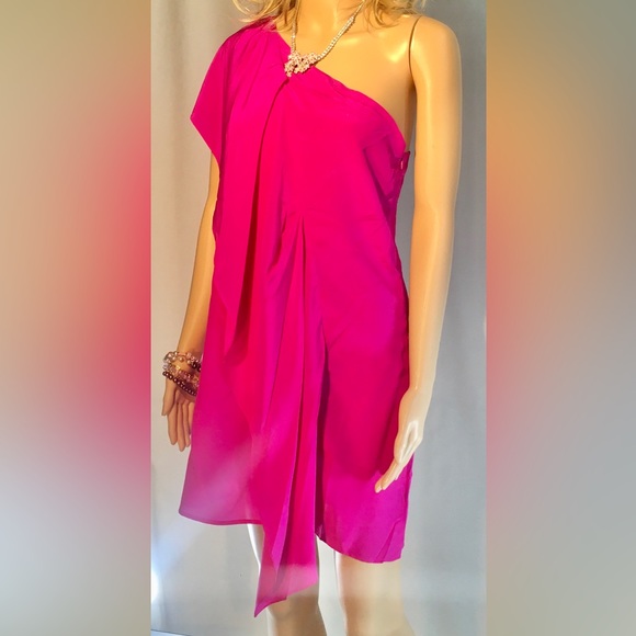 GREYLIN Pink One shoulder Silk Mini dress Draped Feminine Quiet Luxury Elegant - Picture 6 of 13